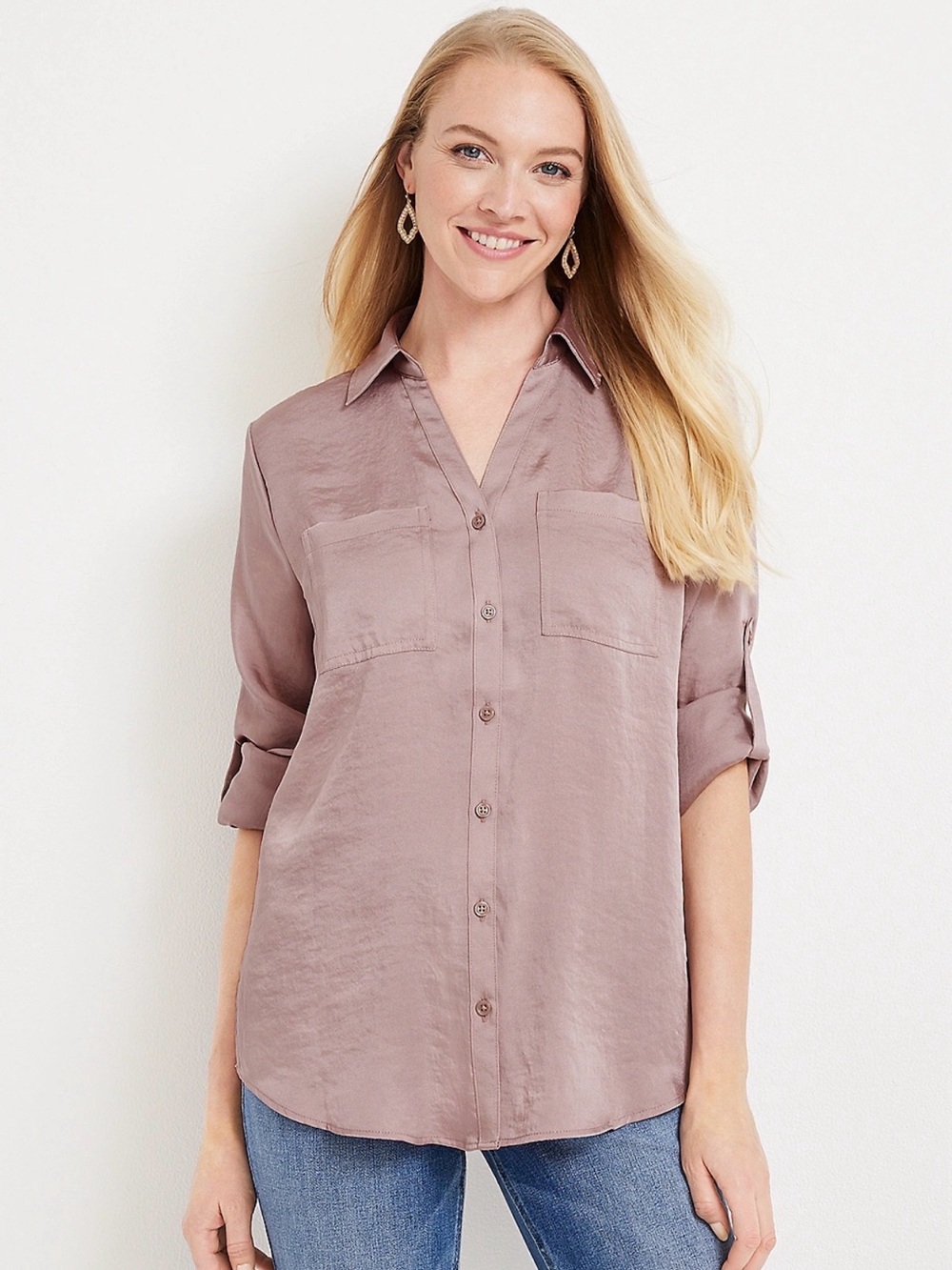 Maurices Winona Dusty Mauve Button-Front V-Neck Satin Blouse- Small